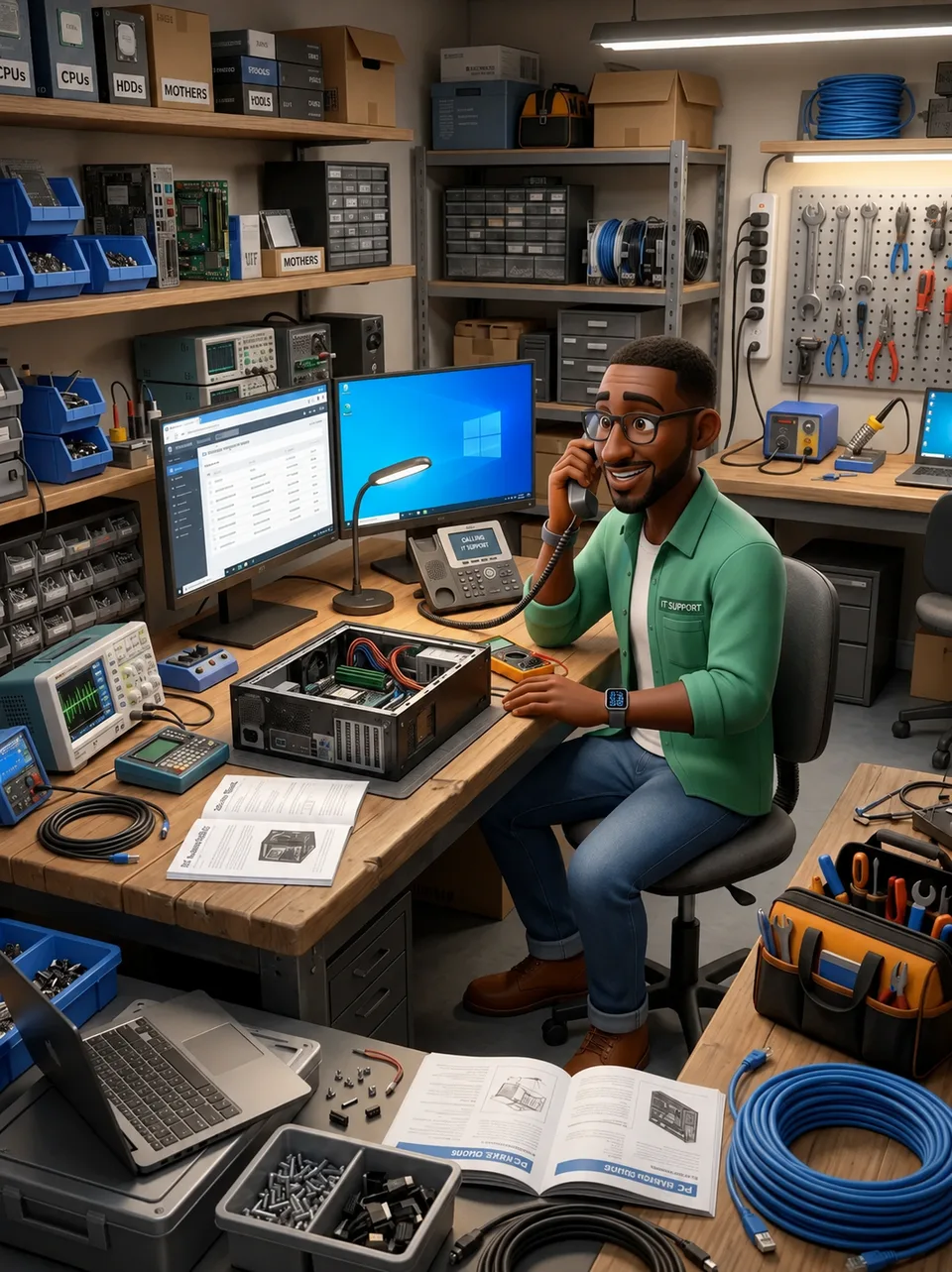 Technicien informatique Carib Tech Studio dans son atelier, disponible par téléphone