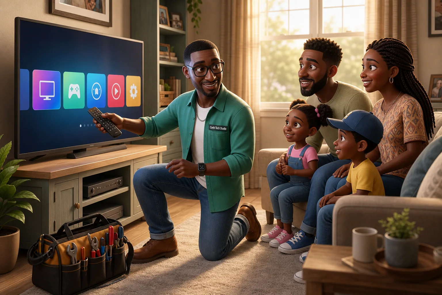 Illustration d'Arnaud installant une télévision connectée pour une famille